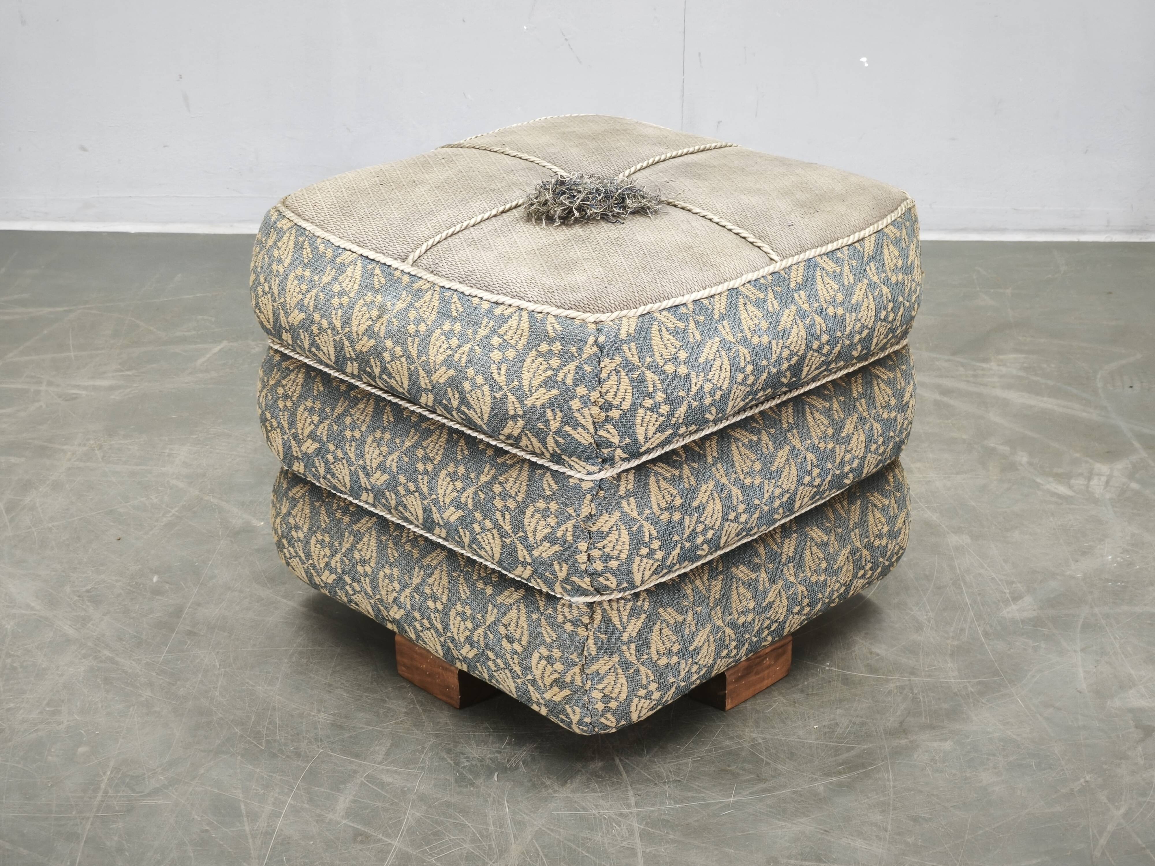 1930s Czech Art Deco Walnut Upholstered Footstool Ottoman