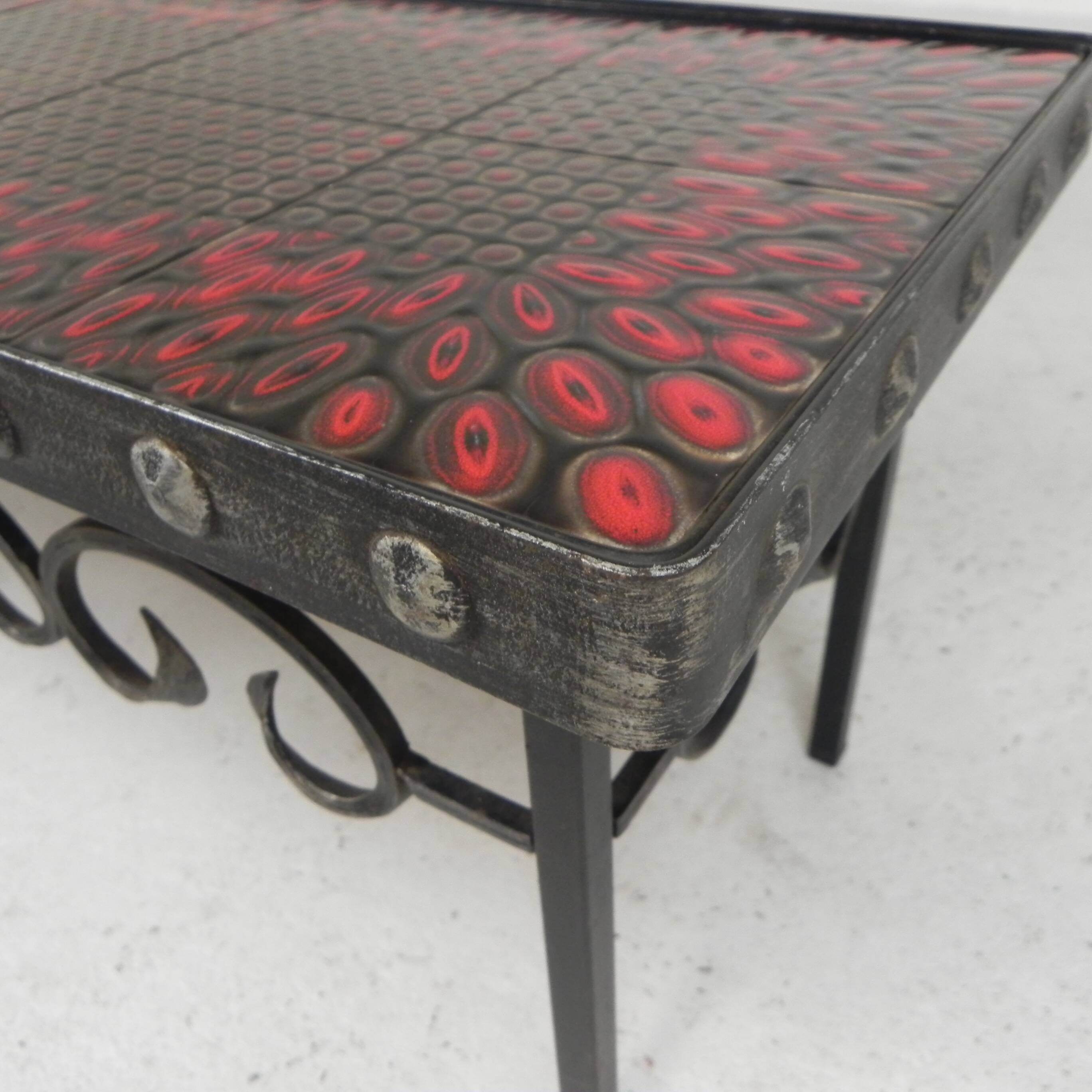 Brutalist mid-century tiled table, with 10 tiles and steel frame, 1960s.