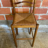 Tabouret de bar haut ancien bois tourné + assise paillée vintage