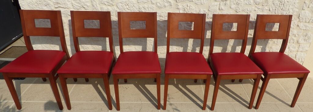 Set of 6 cherry wood style chairs with gray imitation leather seat
