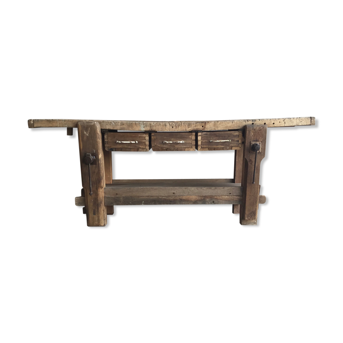 Solid oak workbench with stalls and drawers - 20th century