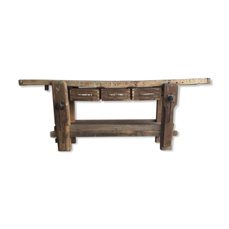 Solid oak workbench with stalls and drawers - 20th century