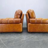 Pair of modern Italian armchairs from the mid-20th century, cognac leather, 1970.