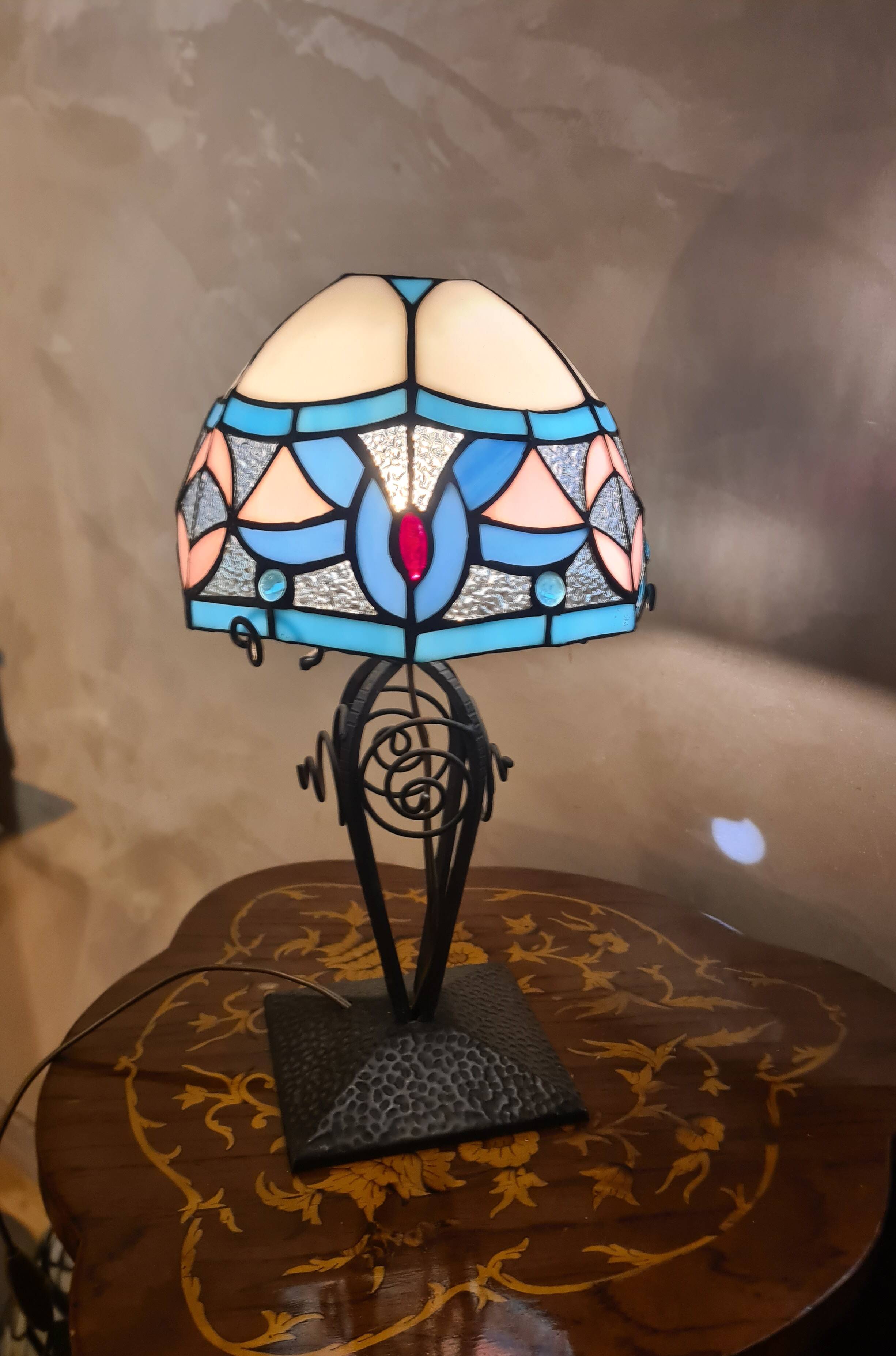 antique wrought iron lamp, 1900 to 1930 with stained glass lampshade soldered with lead