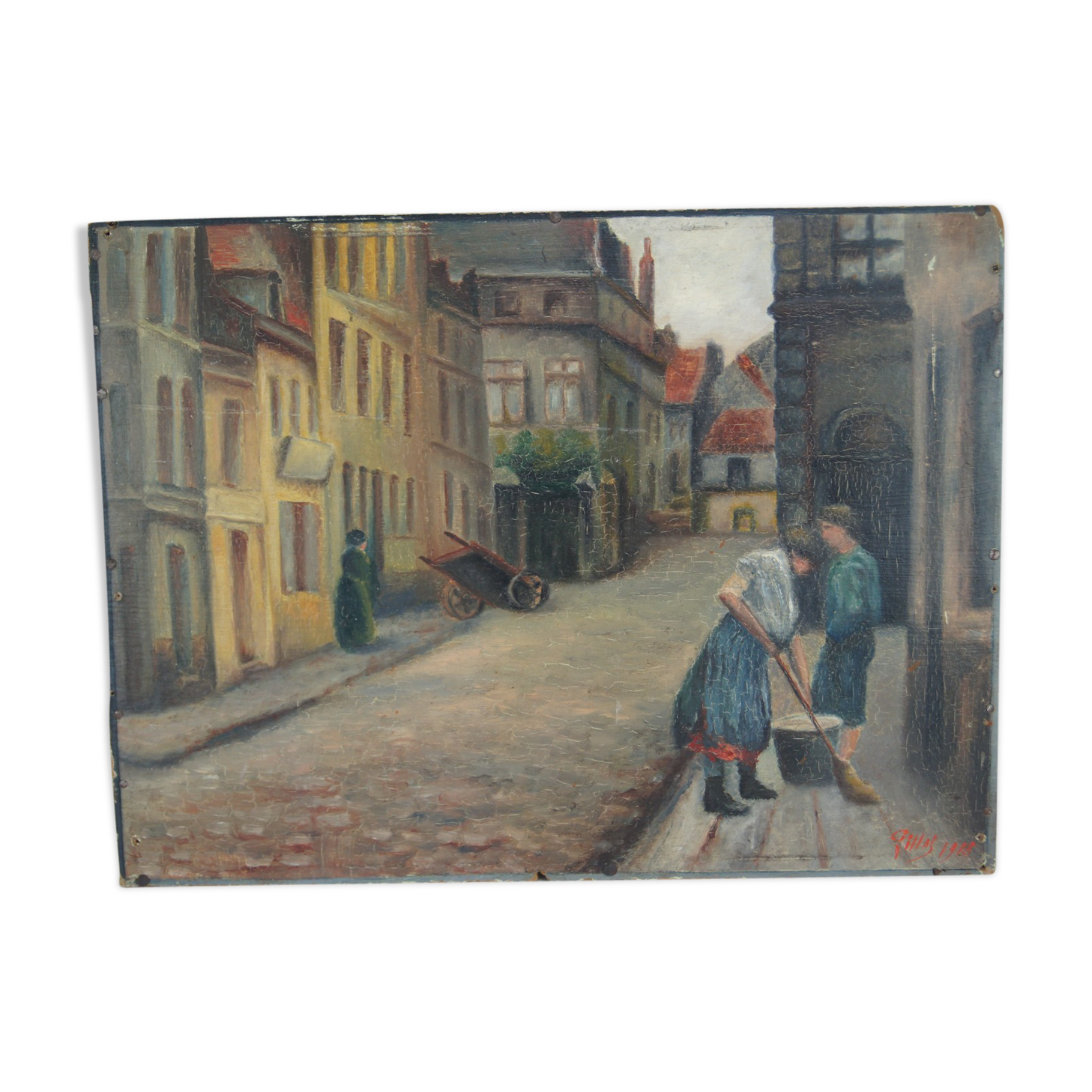 Oil on cardboard "The Street" signed and dated "Gillot 1918"