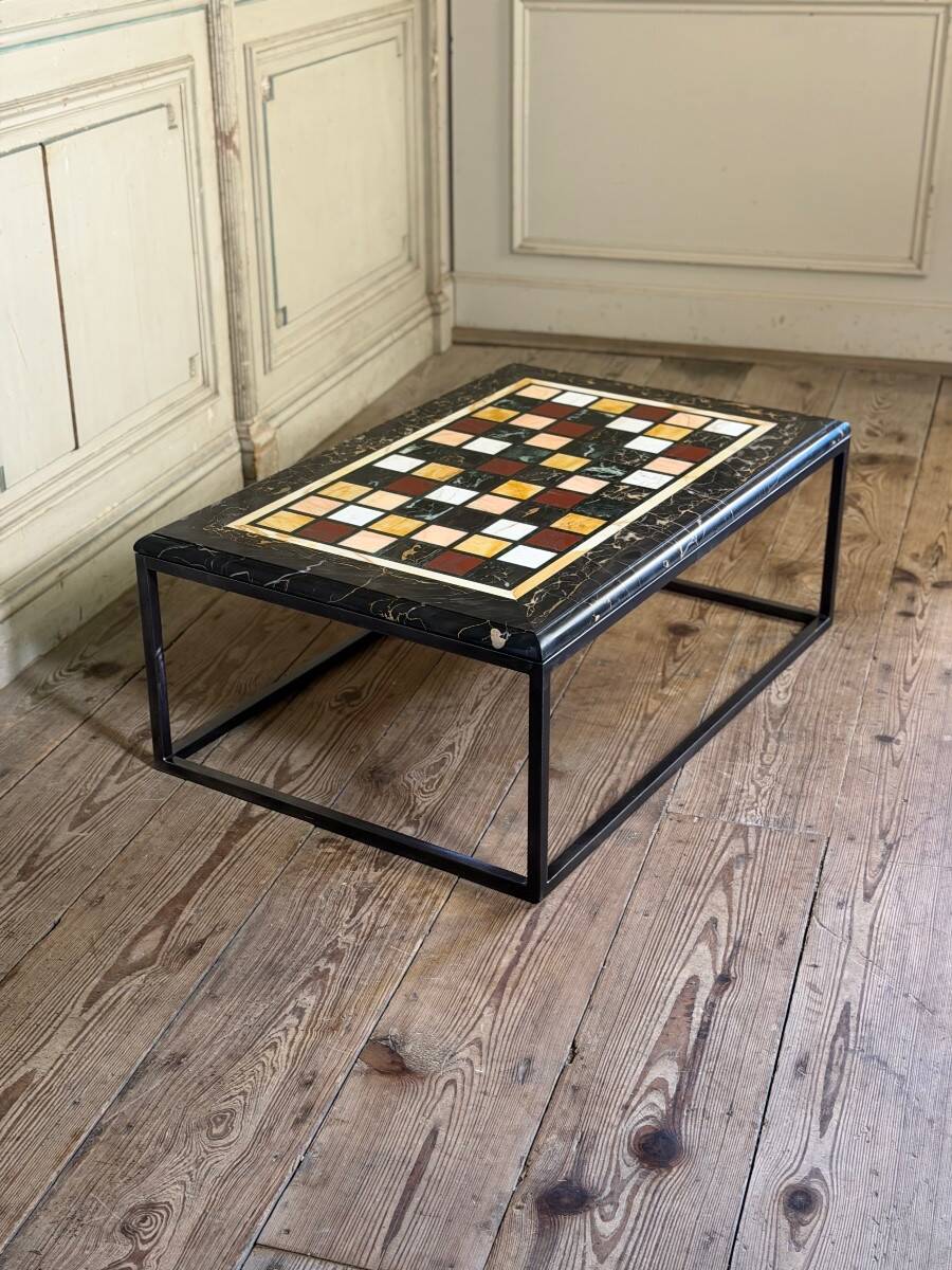 Coffee table, marble samples, custom metal base.