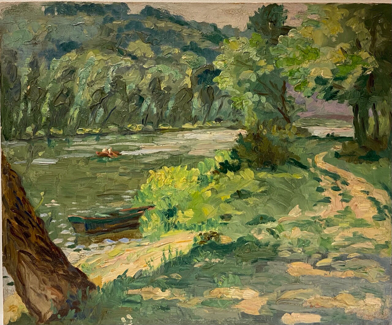 Tableau ancien, paysage, bord de rivière, années 50/60