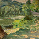 Tableau ancien, paysage, bord de rivière, années 50/60