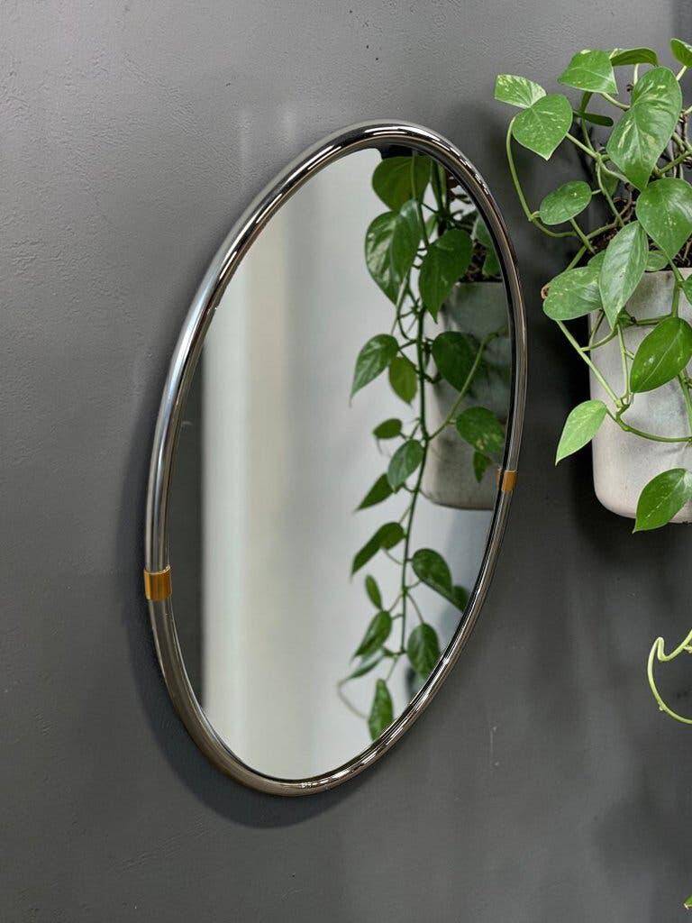 Miroir mural ovale chromé vintage / Miroir mural années 70