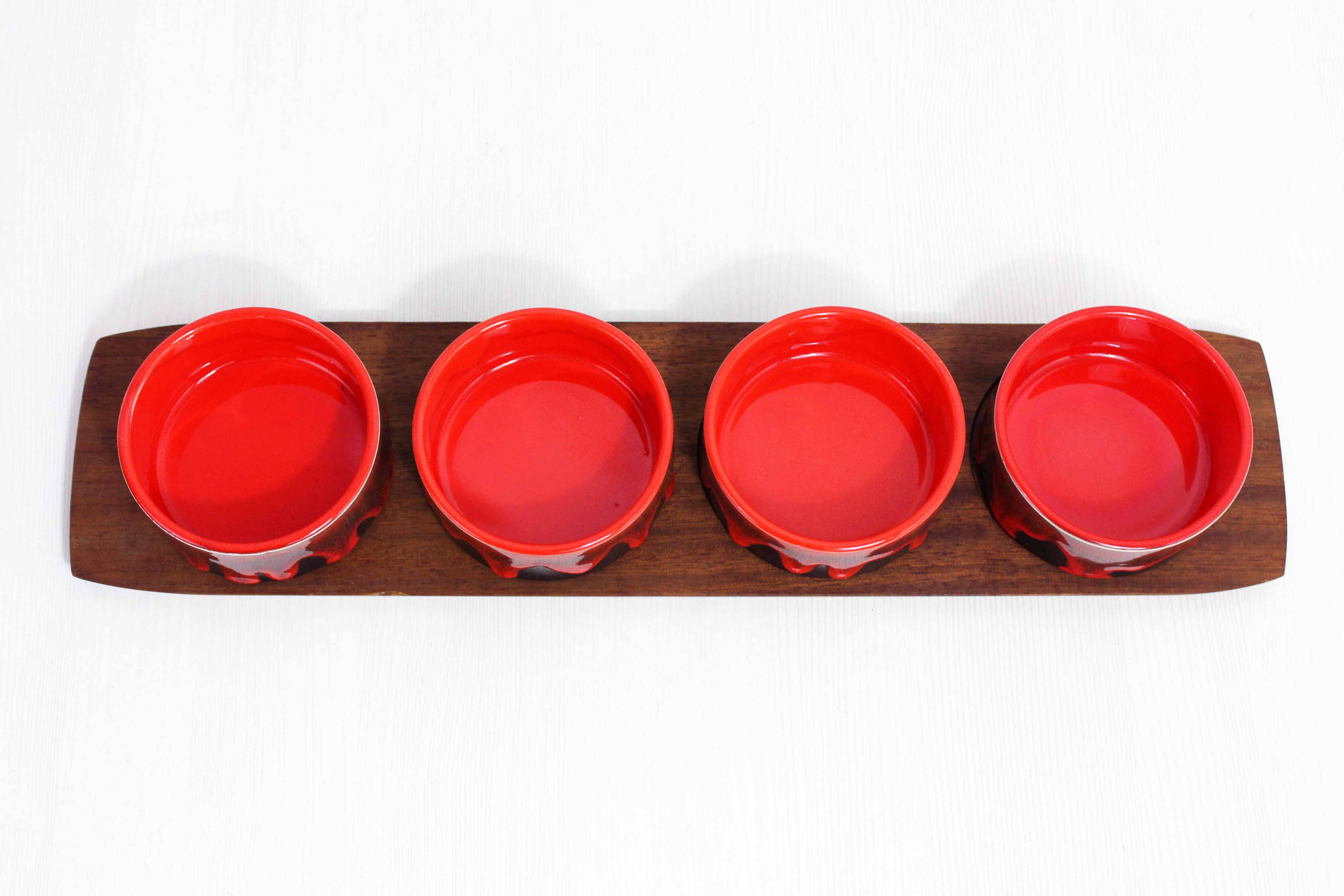 Scandinavian teak tray with 4 ceramic ramekins 1960