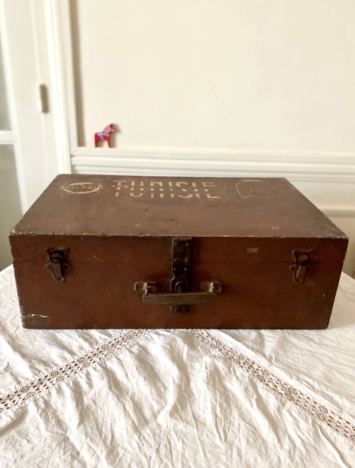 Large wooden trunk suitcase with Tunisia inscription