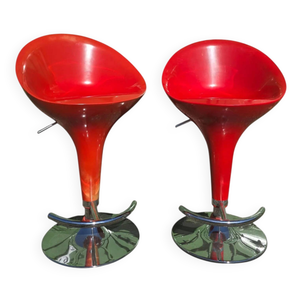 Paire de tabourets de bar vintage rouges réglables