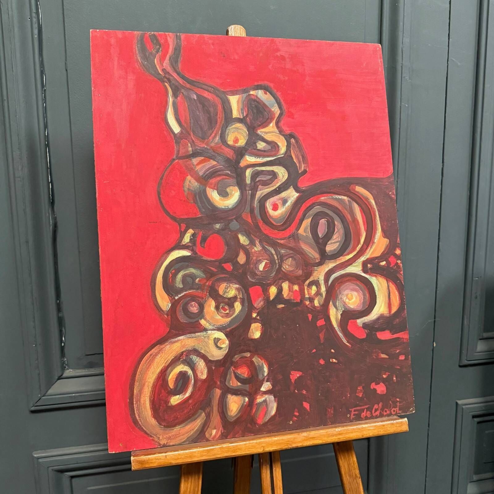 Oil on cardboard modern composition by François de Chabot 1960-70