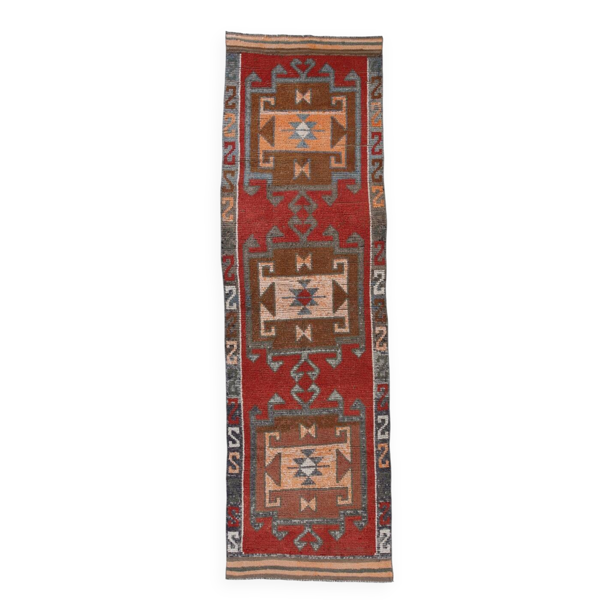 3x10 Wine Red Brown Turkish Runner Rug, 97x325Cm