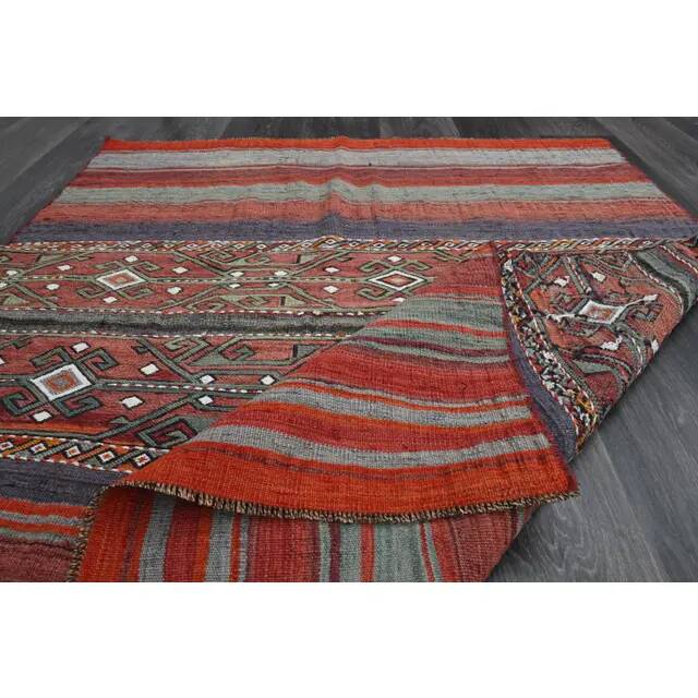 1970s Turkish hand-knotted wool cotton red kilim area rug 123x145