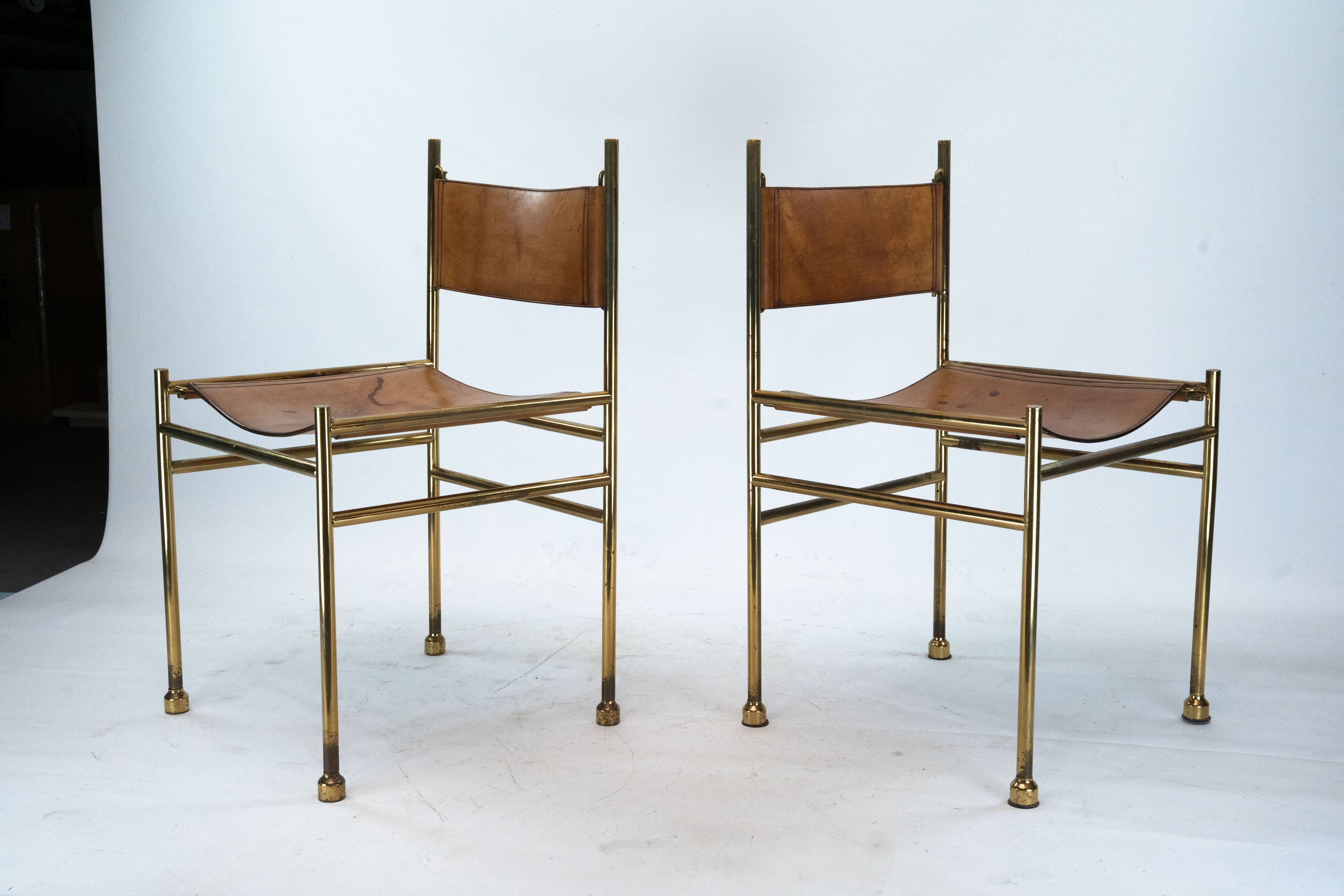 Set of 4 Brass and Leather Chairs by Luciano Frigerio, Italy, 1970s