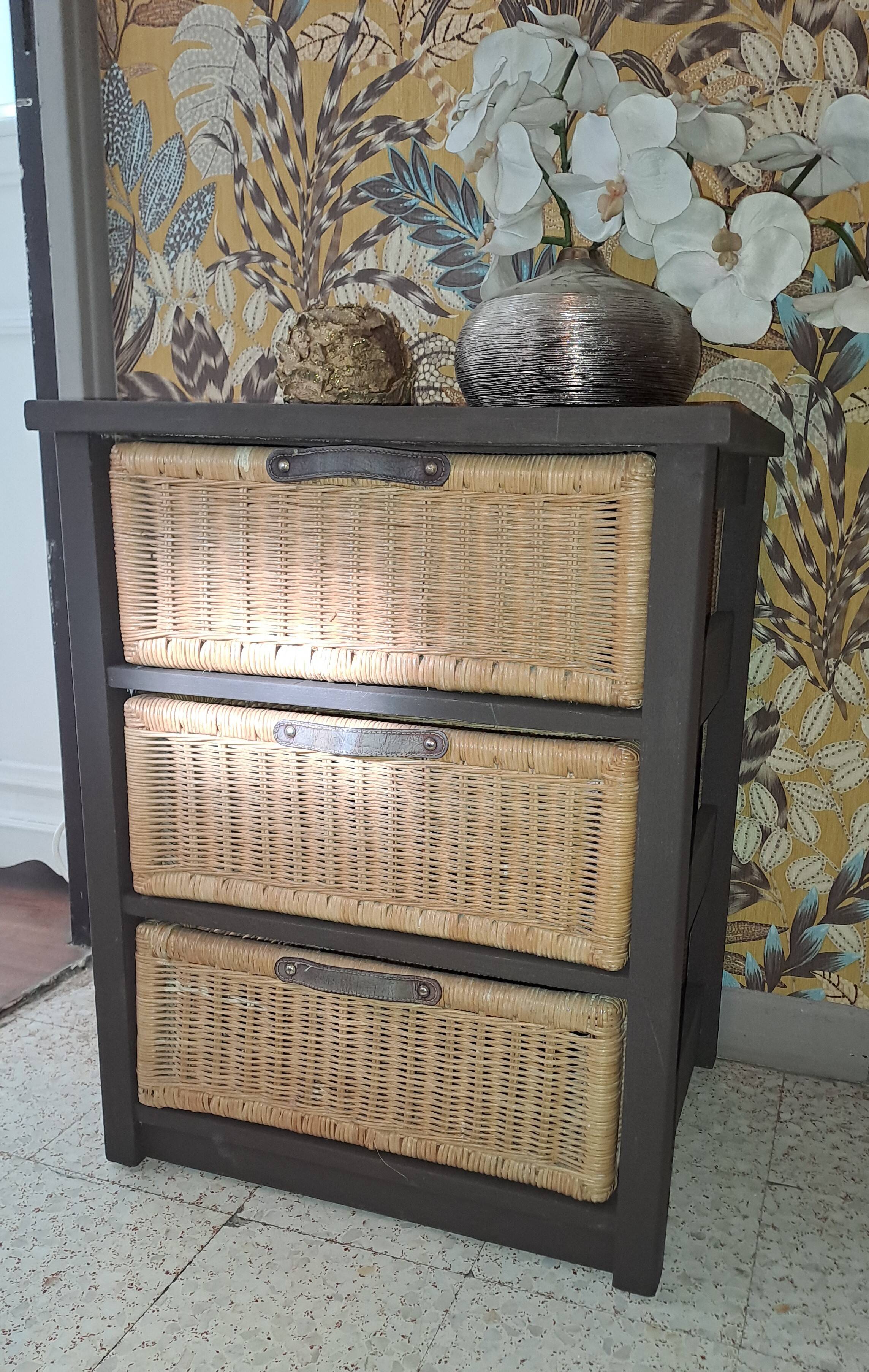 Wooden and wicker storage unit France 1980 / in dark brown repainted wood and 3 wicker drawers