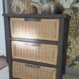 Wooden and wicker storage unit France 1980 / in dark brown repainted wood and 3 wicker drawers