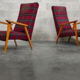 Pair of French beech armchairs from the 60s, tartan fabric