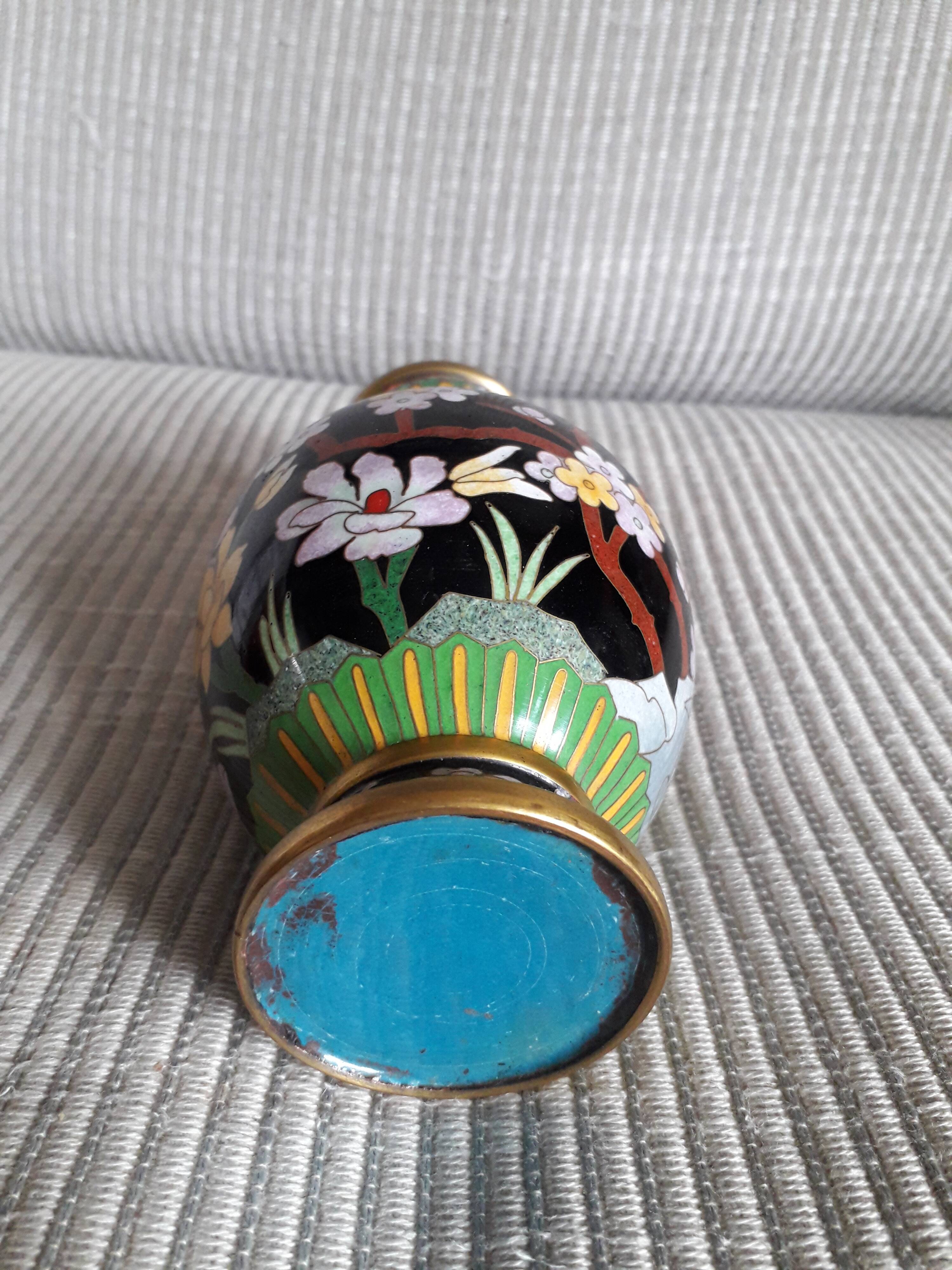 Vintage cloisonné enamel vase with floral and bird decoration