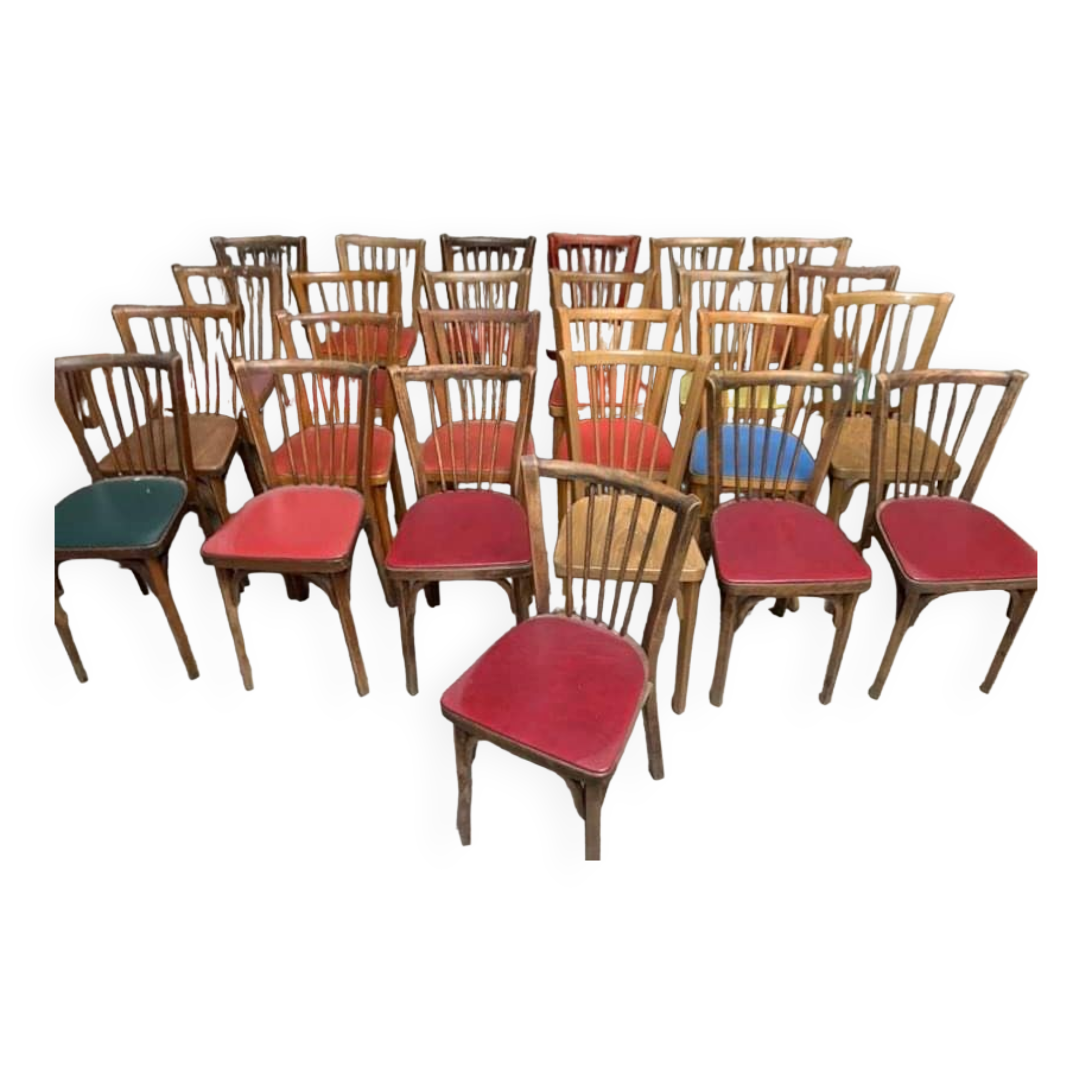 Series of 25 vintage Baumann bistro chairs in curved wood sitting Skaï or wood