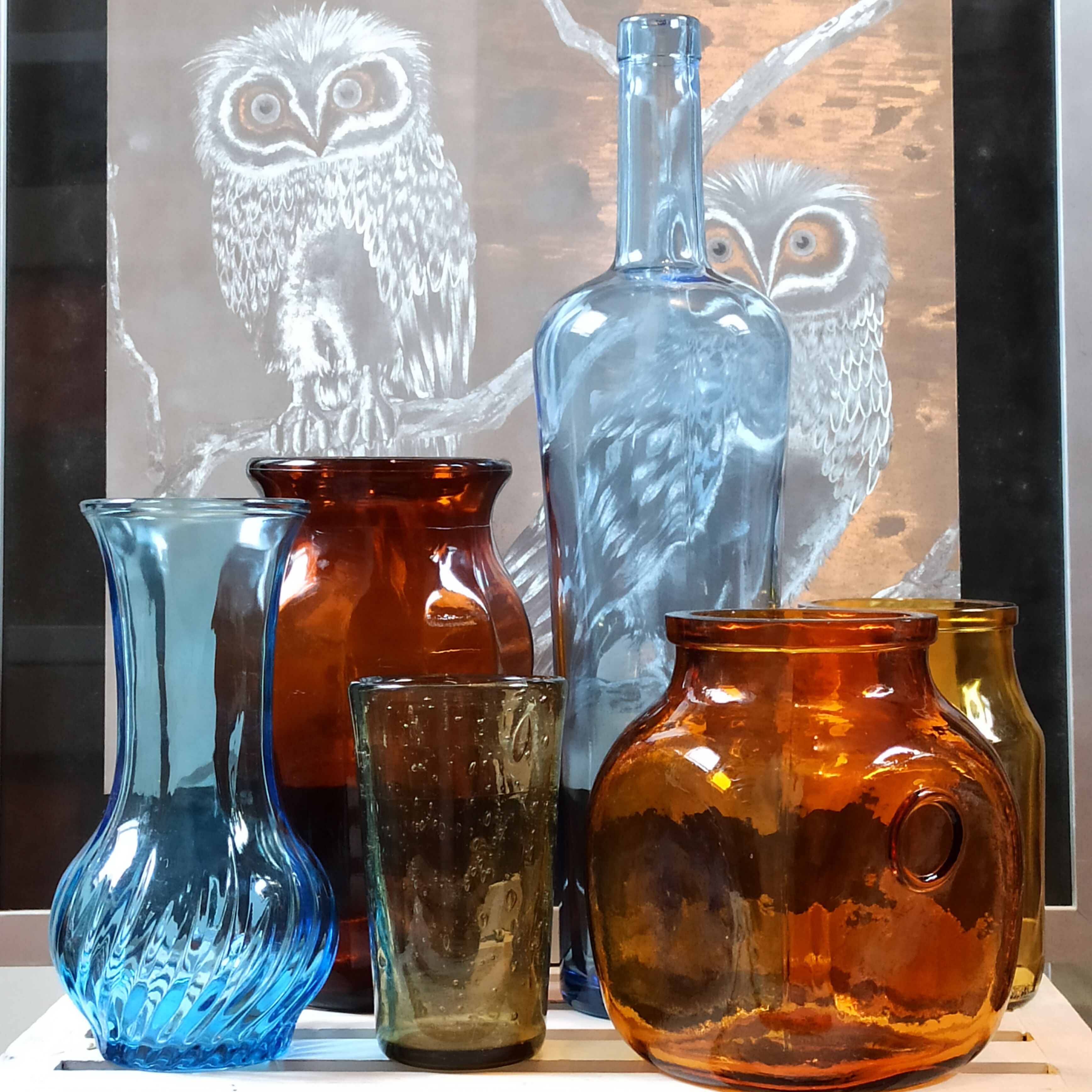 Trio amber vintage vase jar and bubbled glass