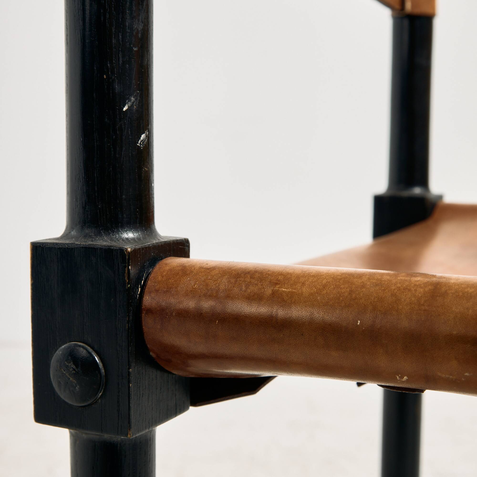 Brutalist beech and leather chair, set of 4