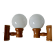 Pair of globe wall lights in pine and opaline from the 60s