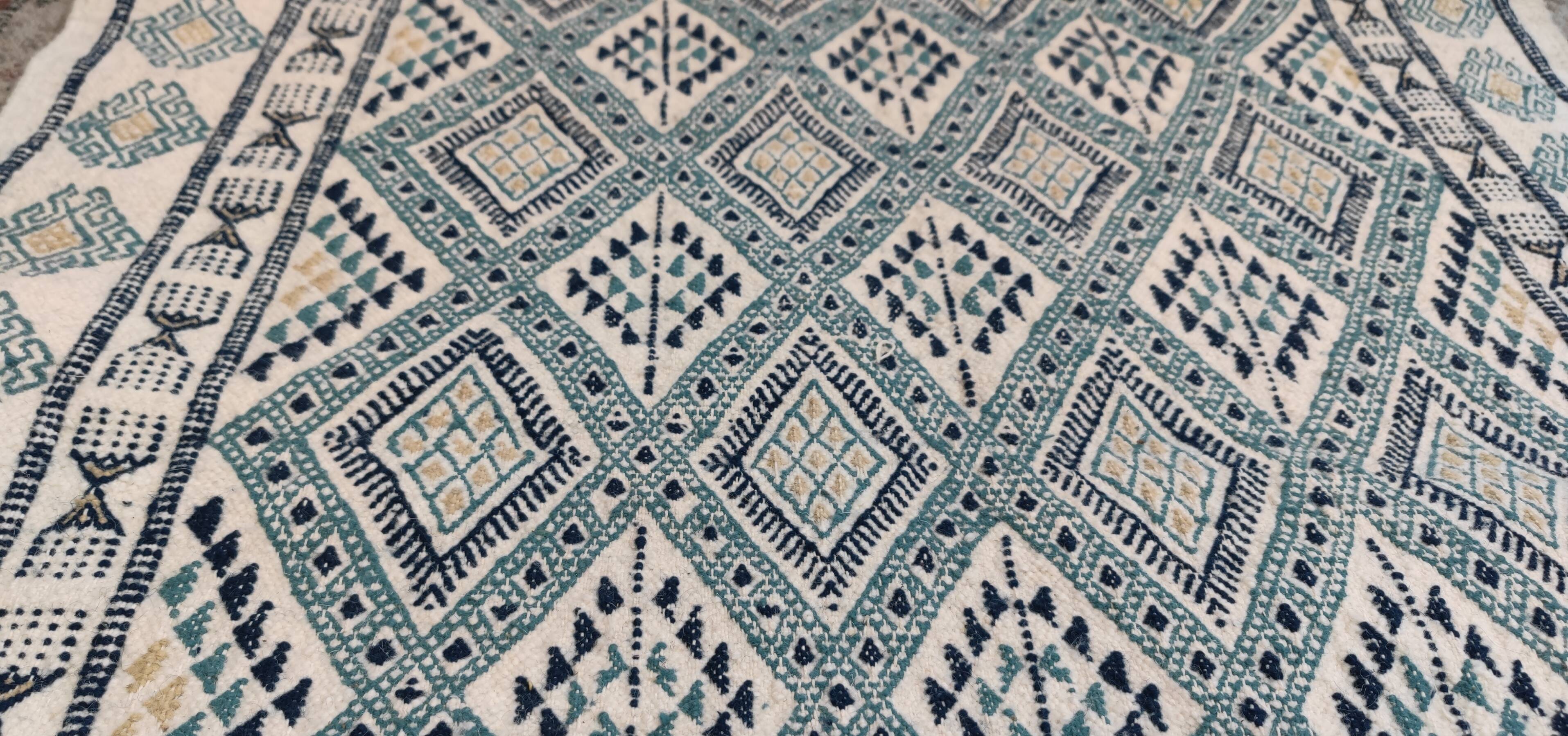 Handmade white blue and beige margoum rug