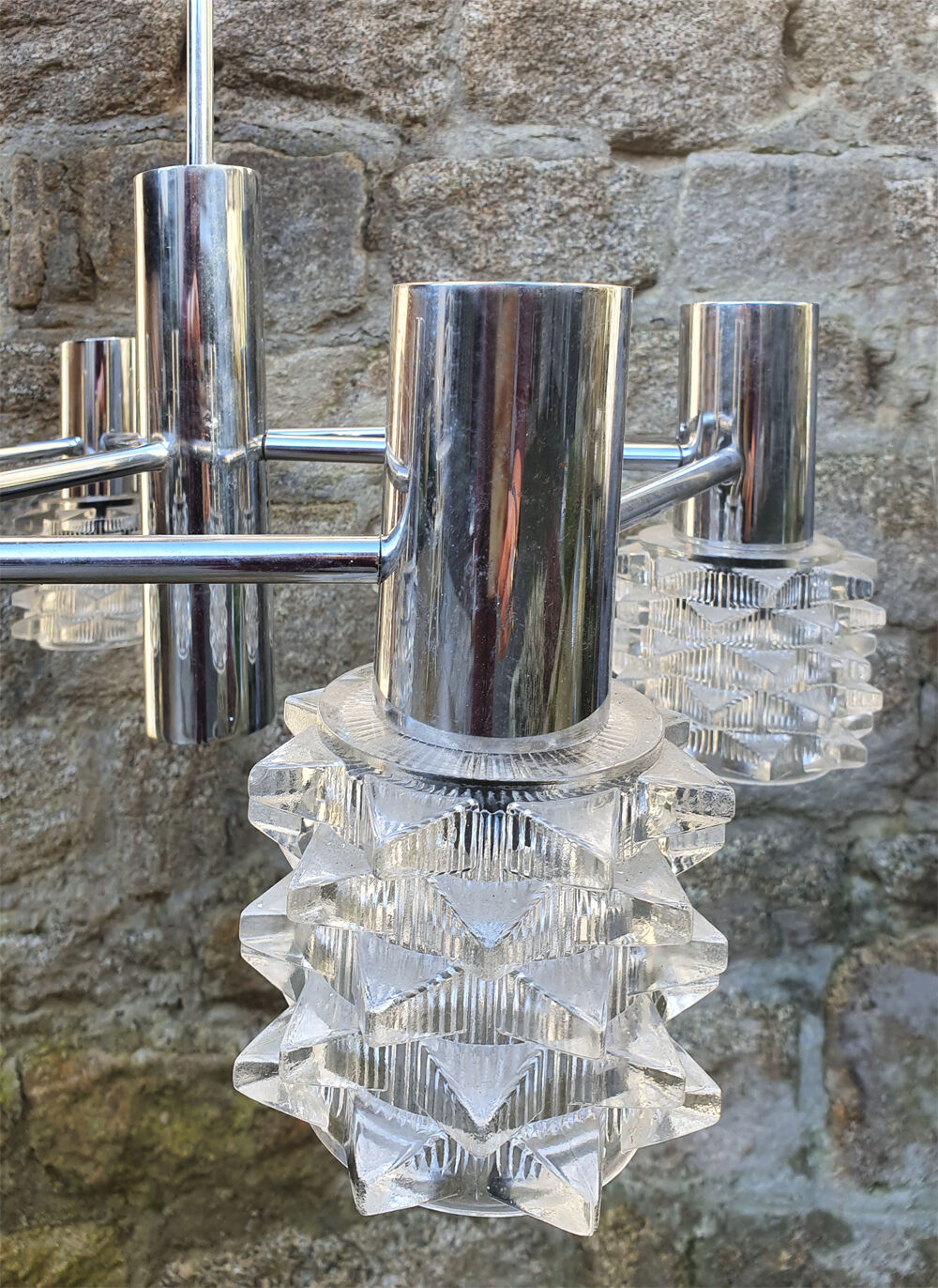 vintage chrome suspension and 6-light glass, vintage, 70s