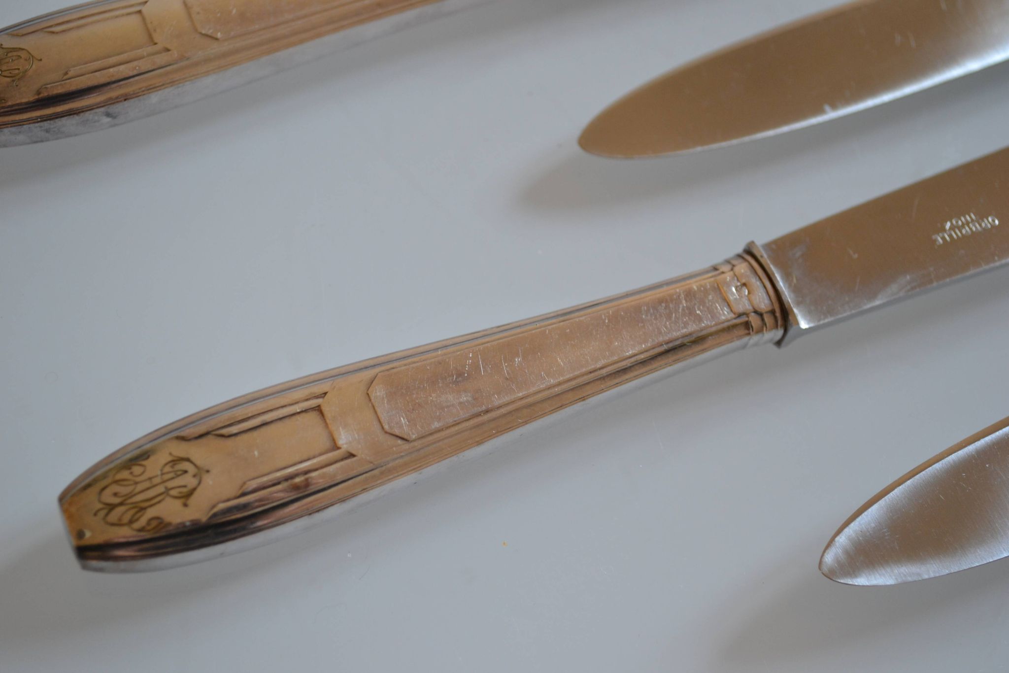 12 art deco table knives silver metal 25 cm monogram AR