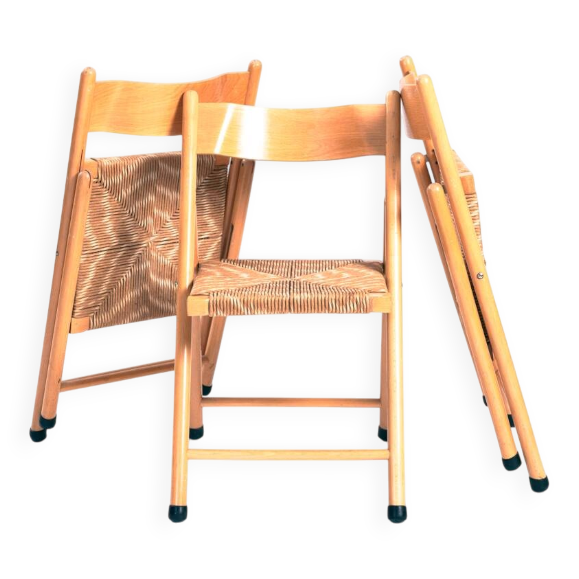 Italian vintage woven straw beech folding chairs, 1960s