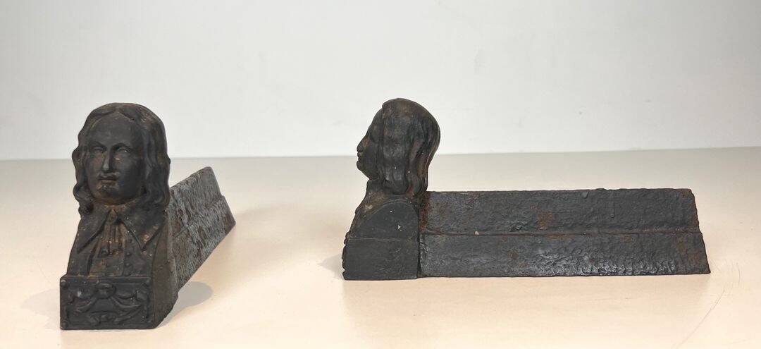 Pair of Cast Iron Andirons in the Likeness of Beethoven. France. Circa 1900.