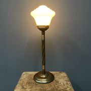 Standing copper table lamp with glass shade