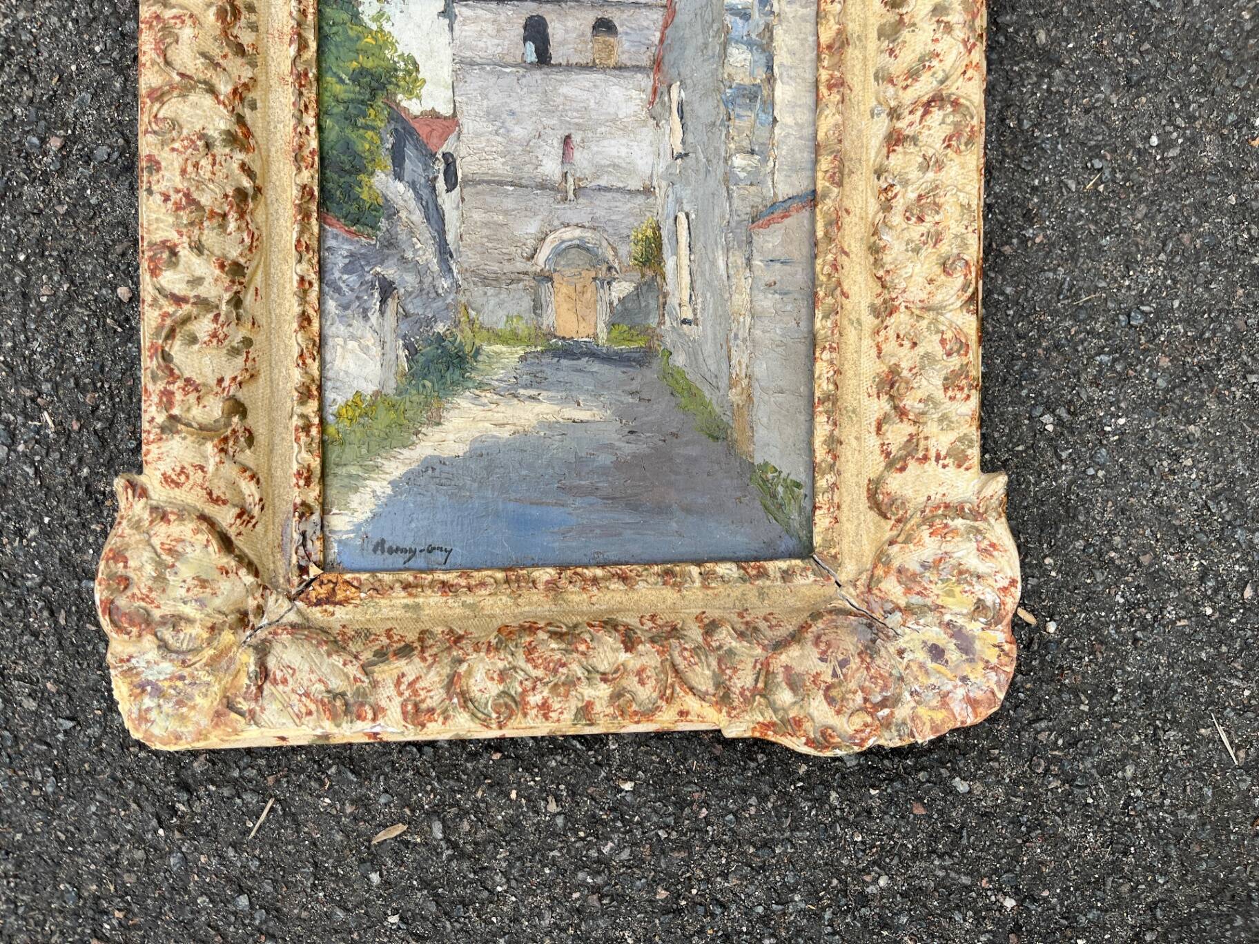 Tableau huile église village signé Remy-Gry - Cadre doré ancien