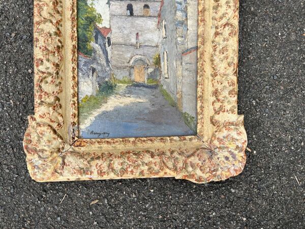 Tableau huile église village signé Remy-Gry - Cadre doré ancien