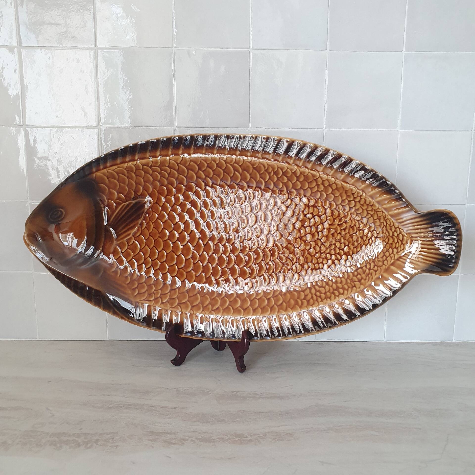 Sarreguemines / Large fish-shaped serving platter in Barbo ceramic