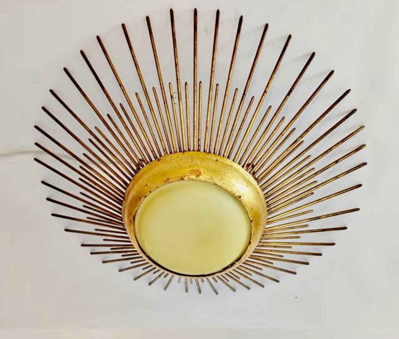 Golden sunburst metal glass pendant chandelier, 1960