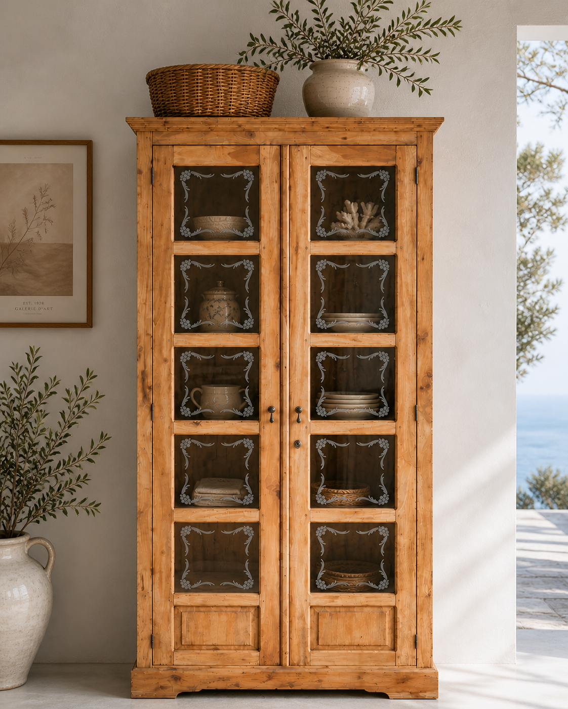 Parisian wardrobe in raw wood with engraved glass from 1920.