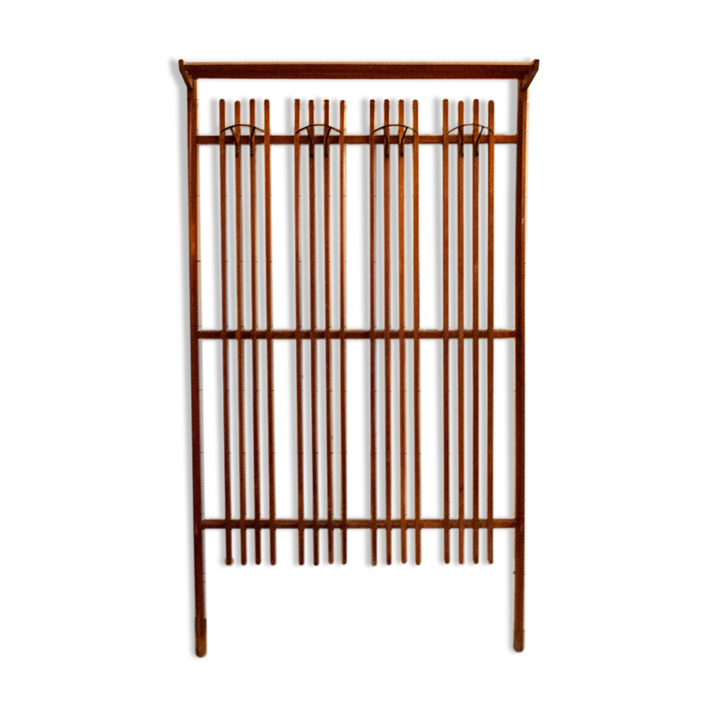 Walnut wood wall coat hangers, with metal details. Italian production 1950s