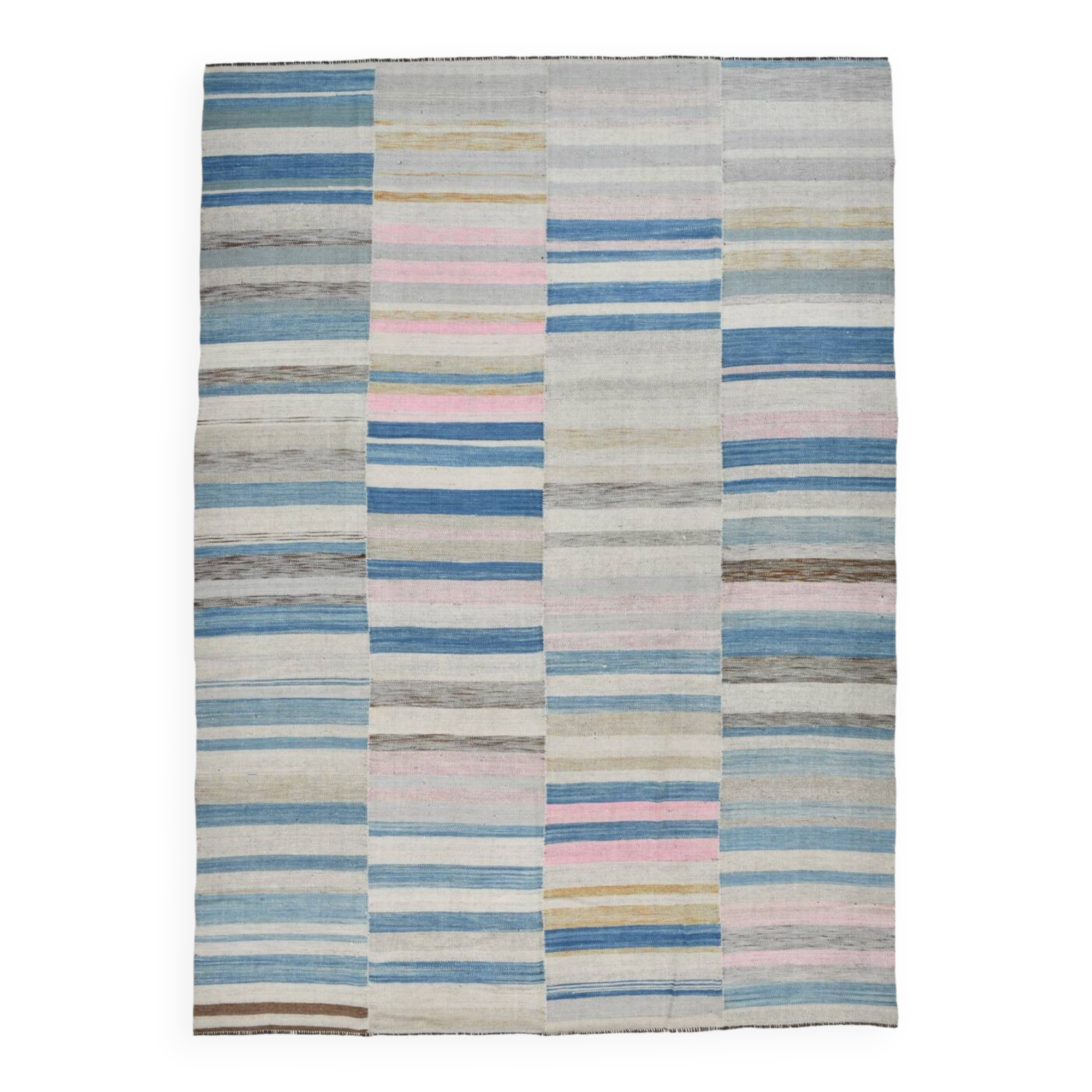 Grand kilim vintage scandinave à rayures pastel bleu et rose