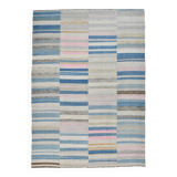 Grand kilim vintage scandinave à rayures pastel bleu et rose