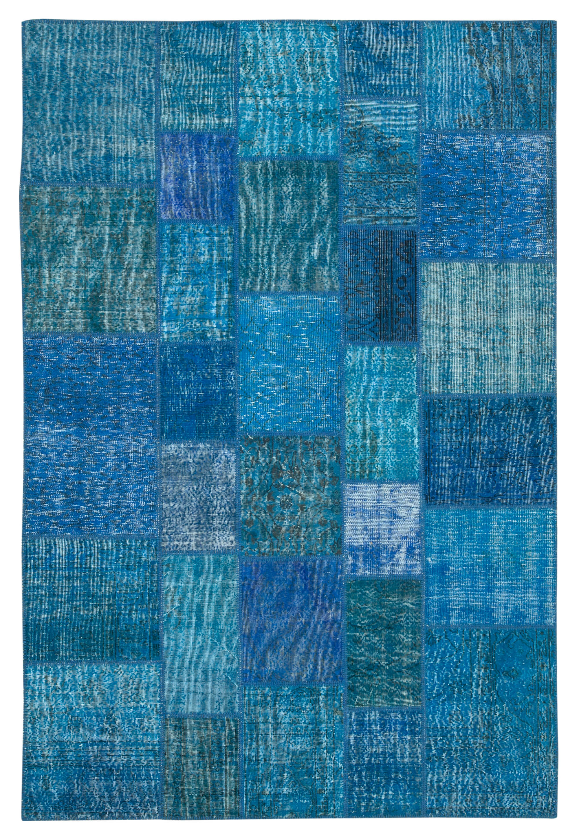Hand-knotted oriental overdyed 205 cm x 305 cm blue patchwork carpet