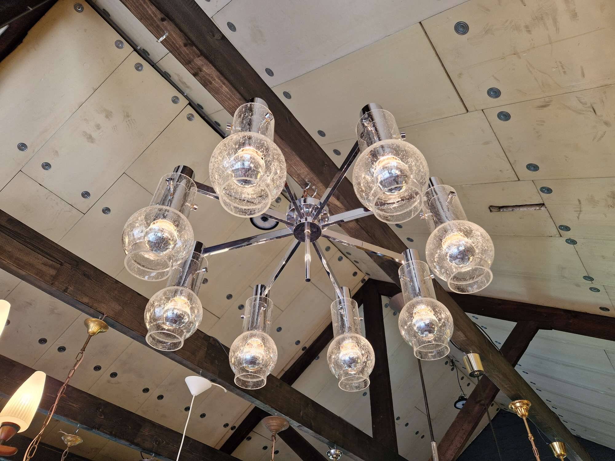 Large ceiling light/chandelier in chromed metal and bubbled blown glass, 1970s