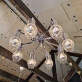 Large ceiling light/chandelier in chromed metal and bubbled blown glass, 1970s