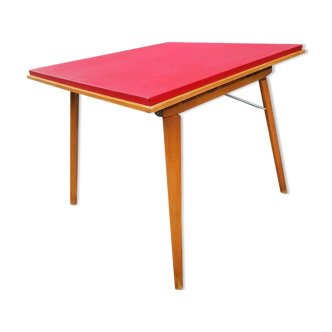 Wooden folding coffee table, red vynil top, compass legs, 1950