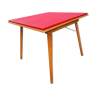 Wooden folding coffee table, red vynil top, compass legs, 1950