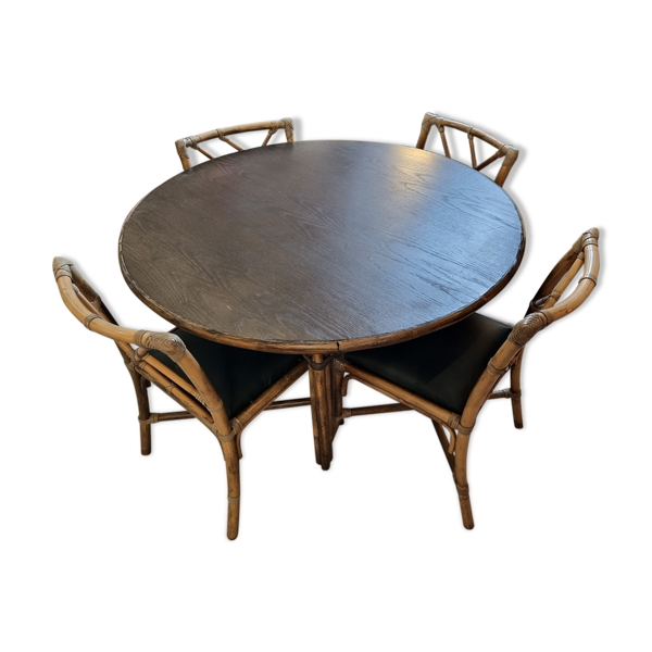 Ensemble table & 4 chaises rotin de 1980