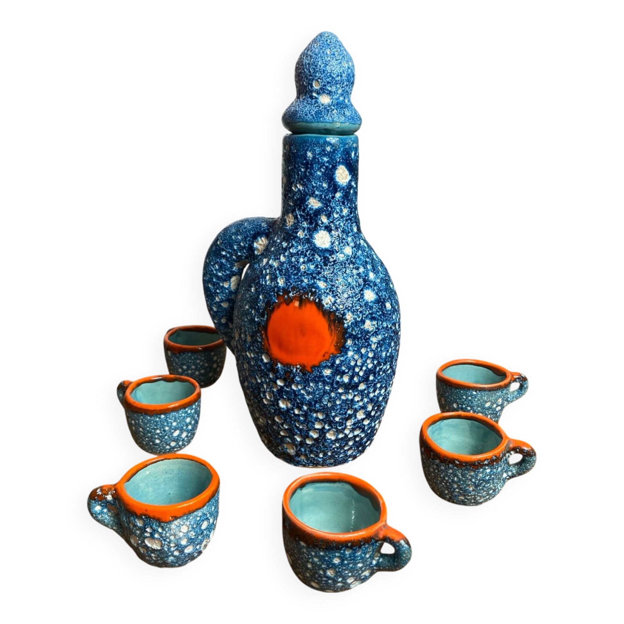 Liqueur service, ceramic, sea foam, Vallauris