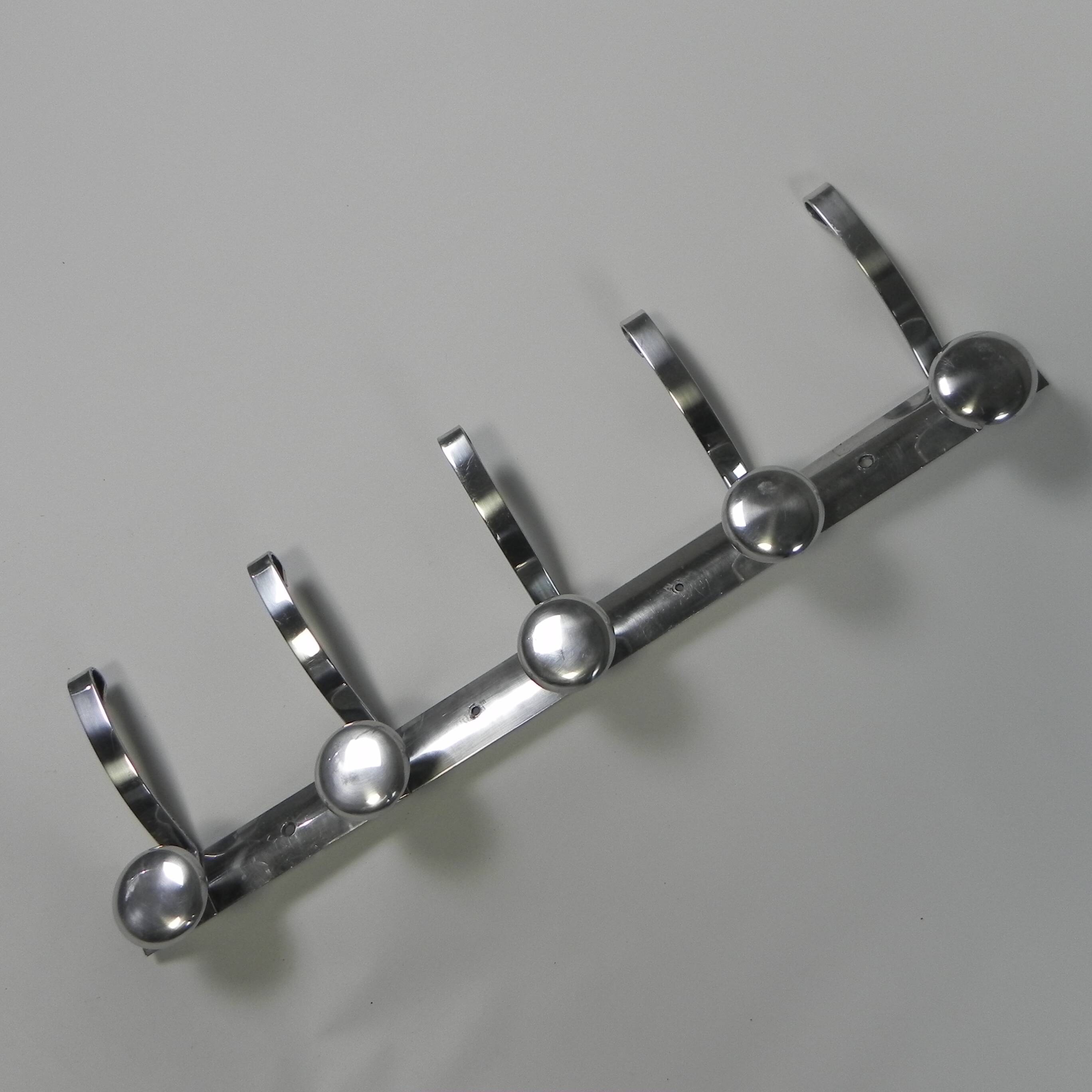 Aluminum vintage wall coat rack with 5 hooks, 1950s
